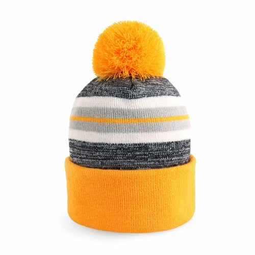 ProvModa Stripe Sport Pom Beanie, a striped knit beanie with a pom top