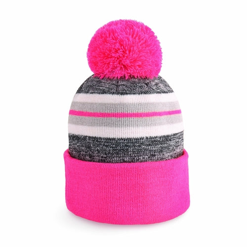 ProvModa Stripe Sport Pom Beanie, a striped knit beanie with a pom top
