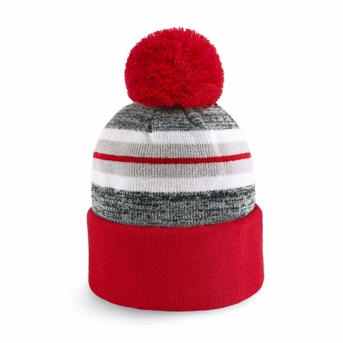 ProvModa Stripe Sport Pom Beanie, a striped knit beanie with a pom top