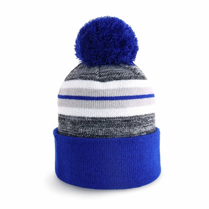 ProvModa Stripe Sport Pom Beanie, a striped knit beanie with a pom top