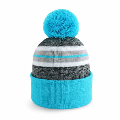 ProvModa Stripe Sport Pom Beanie, a striped knit beanie with a pom top
