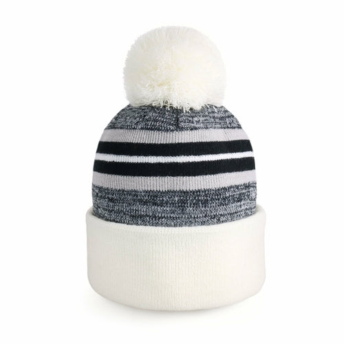 ProvModa Stripe Sport Pom Beanie, a striped knit beanie with a pom top