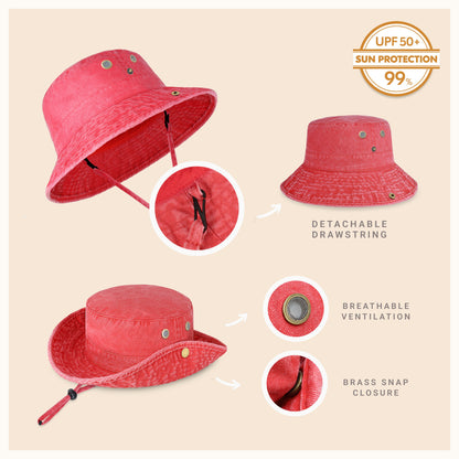 Wide Brim Washed Cotton String Bucket Hat