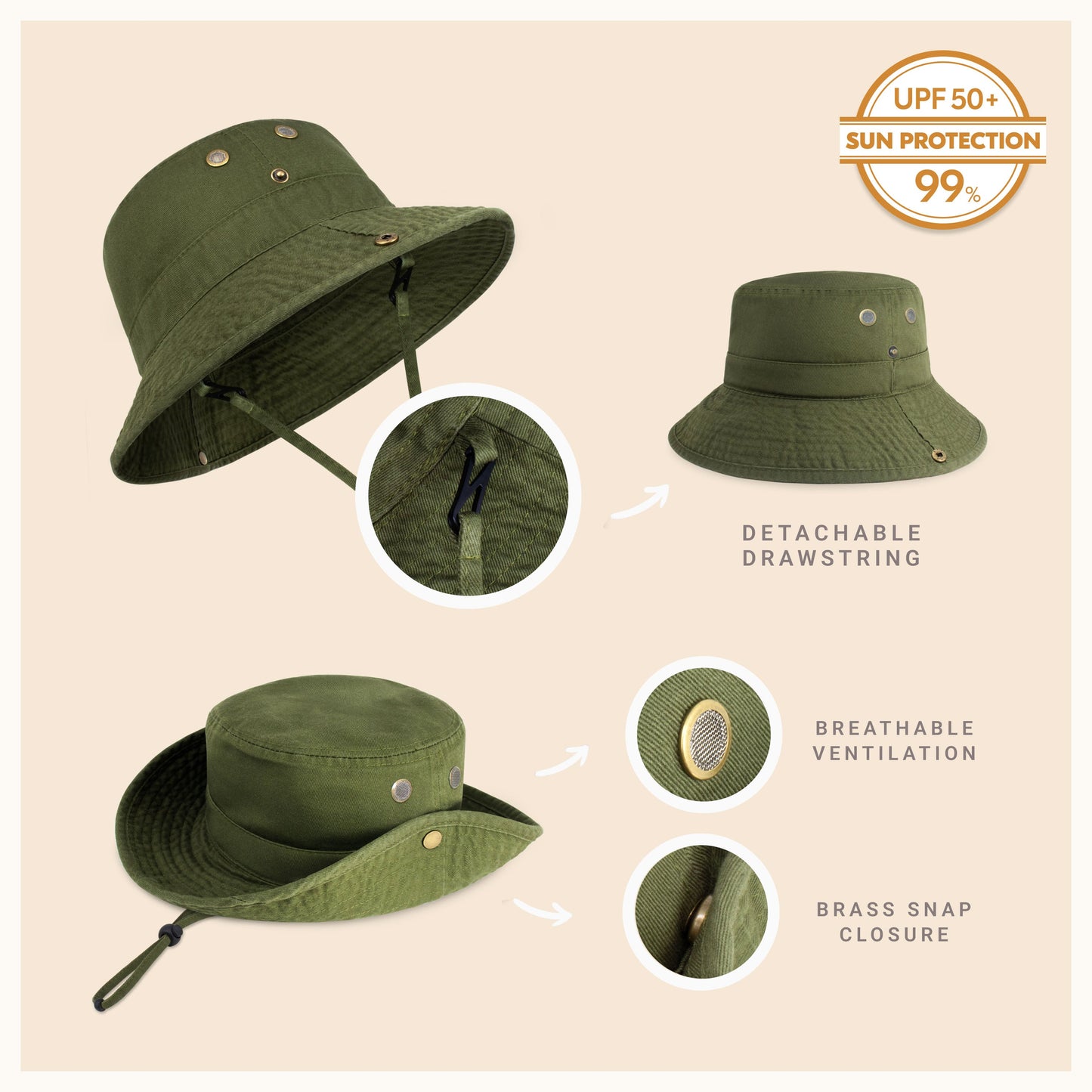 Wide Brim Washed Cotton String Bucket Hat