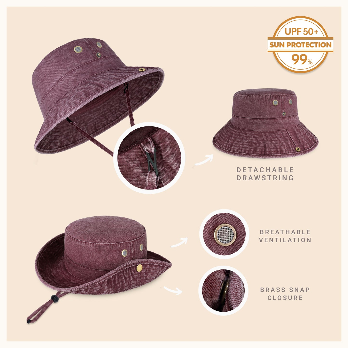 Wide Brim Washed Cotton String Bucket Hat