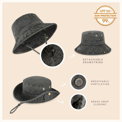 Wide Brim Washed Cotton String Bucket Hat