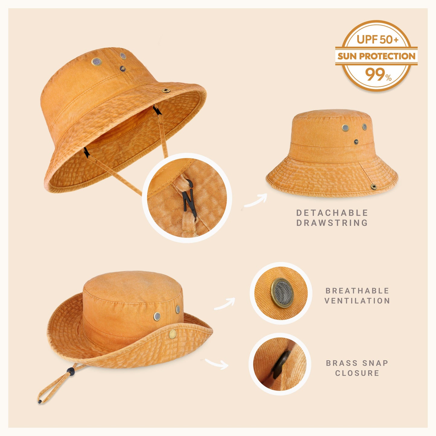 Wide Brim Washed Cotton String Bucket Hat