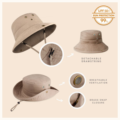 Wide Brim Washed Cotton String Bucket Hat