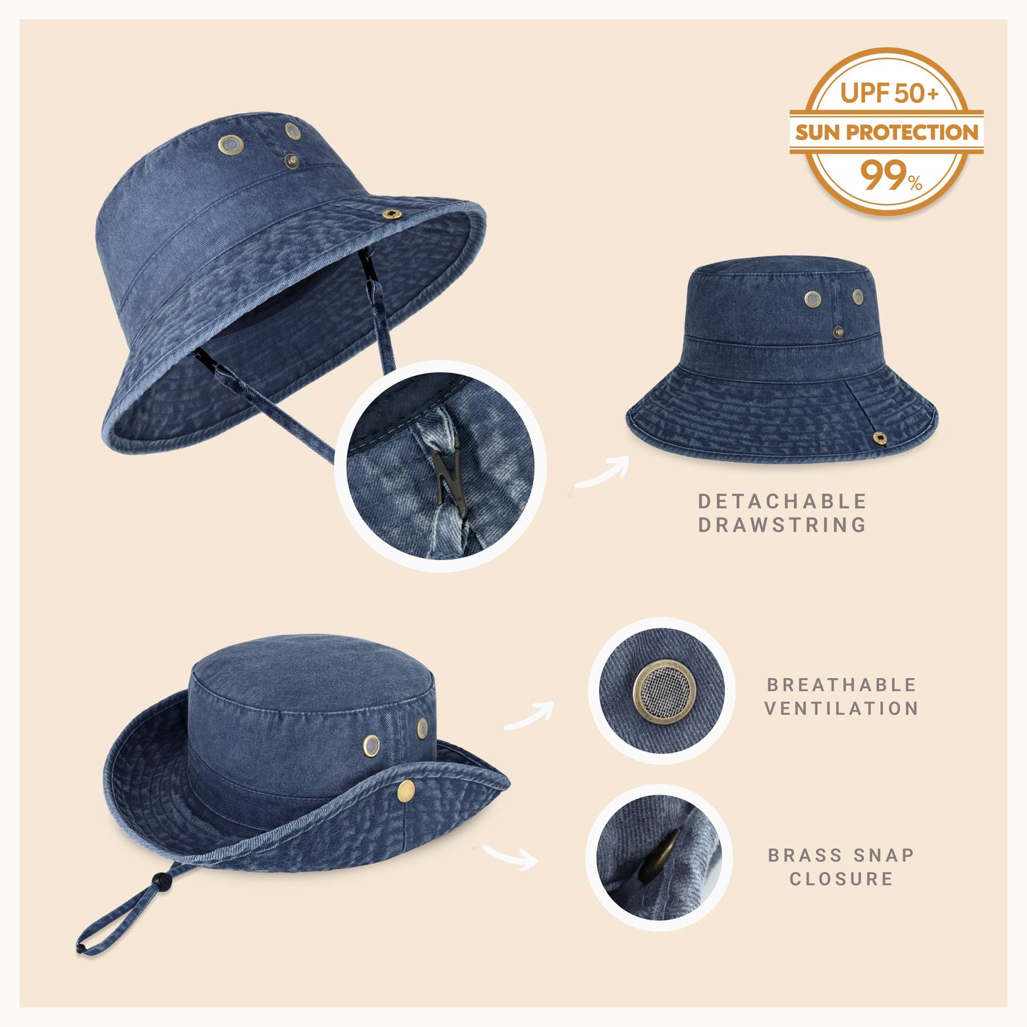 Wide Brim Washed Cotton String Bucket Hat