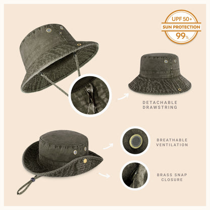 Wide Brim Washed Cotton String Bucket Hat