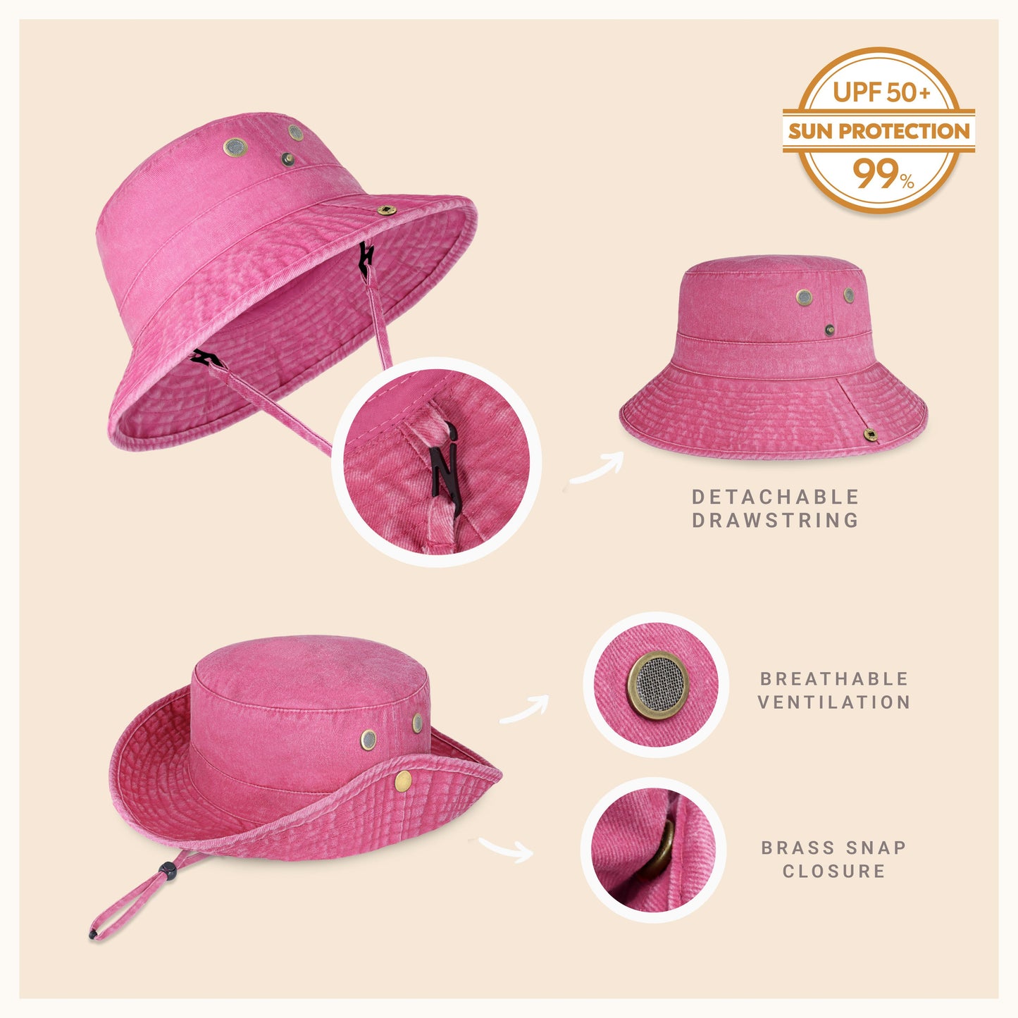 Wide Brim Washed Cotton String Bucket Hat