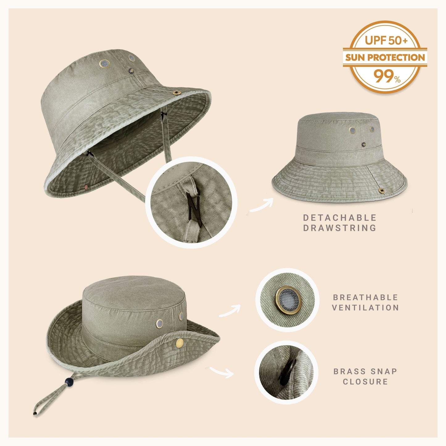 Wide Brim Washed Cotton String Bucket Hat