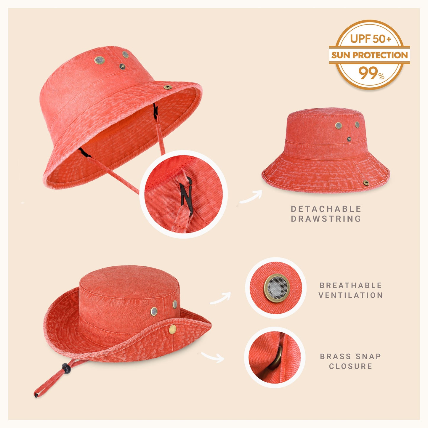 Wide Brim Washed Cotton String Bucket Hat