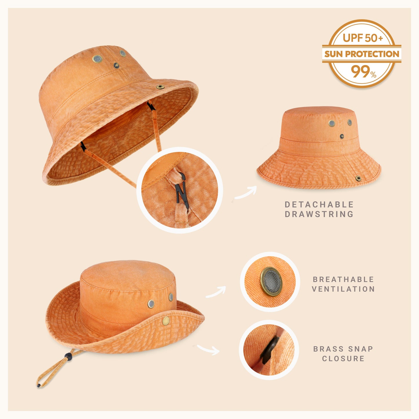 Wide Brim Washed Cotton String Bucket Hat