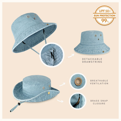 Wide Brim Washed Cotton String Bucket Hat