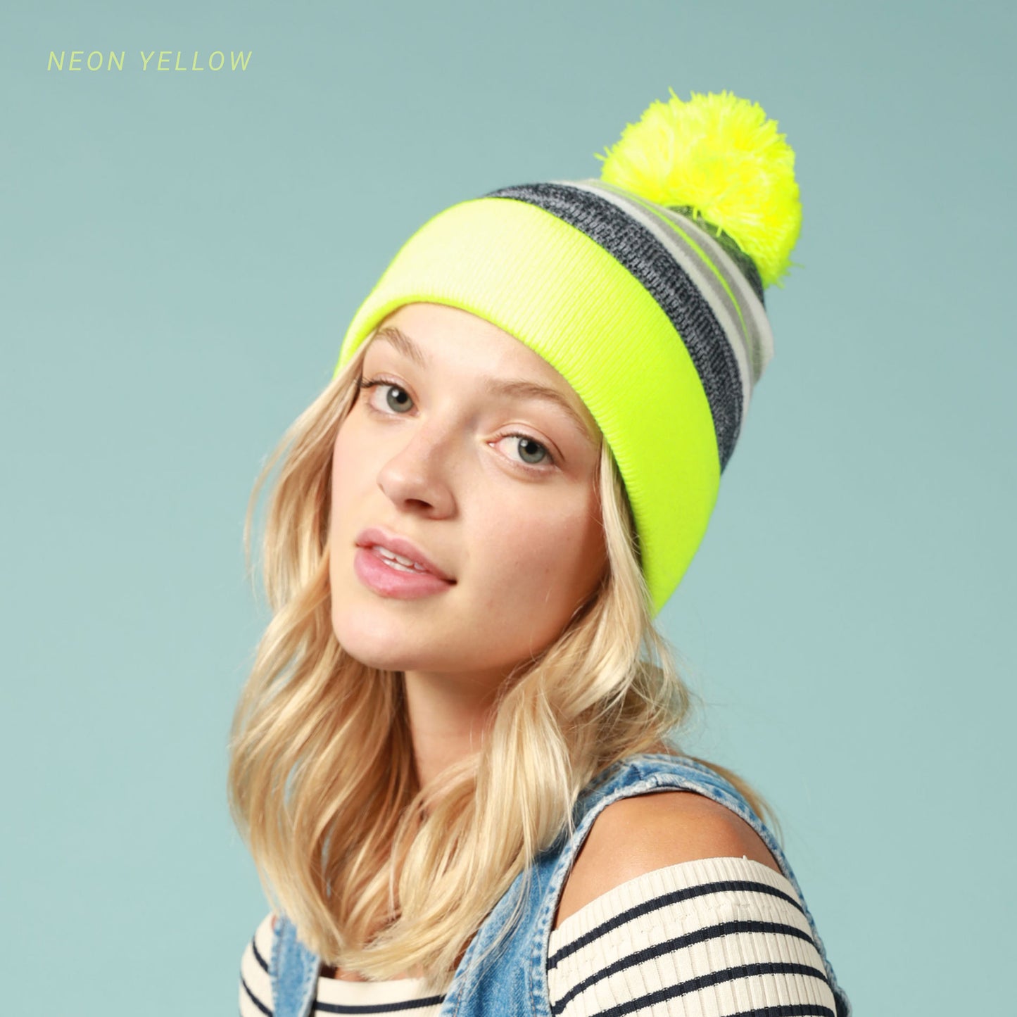ProvModa Stripe Sport Pom Beanie, a striped knit beanie with a pom top