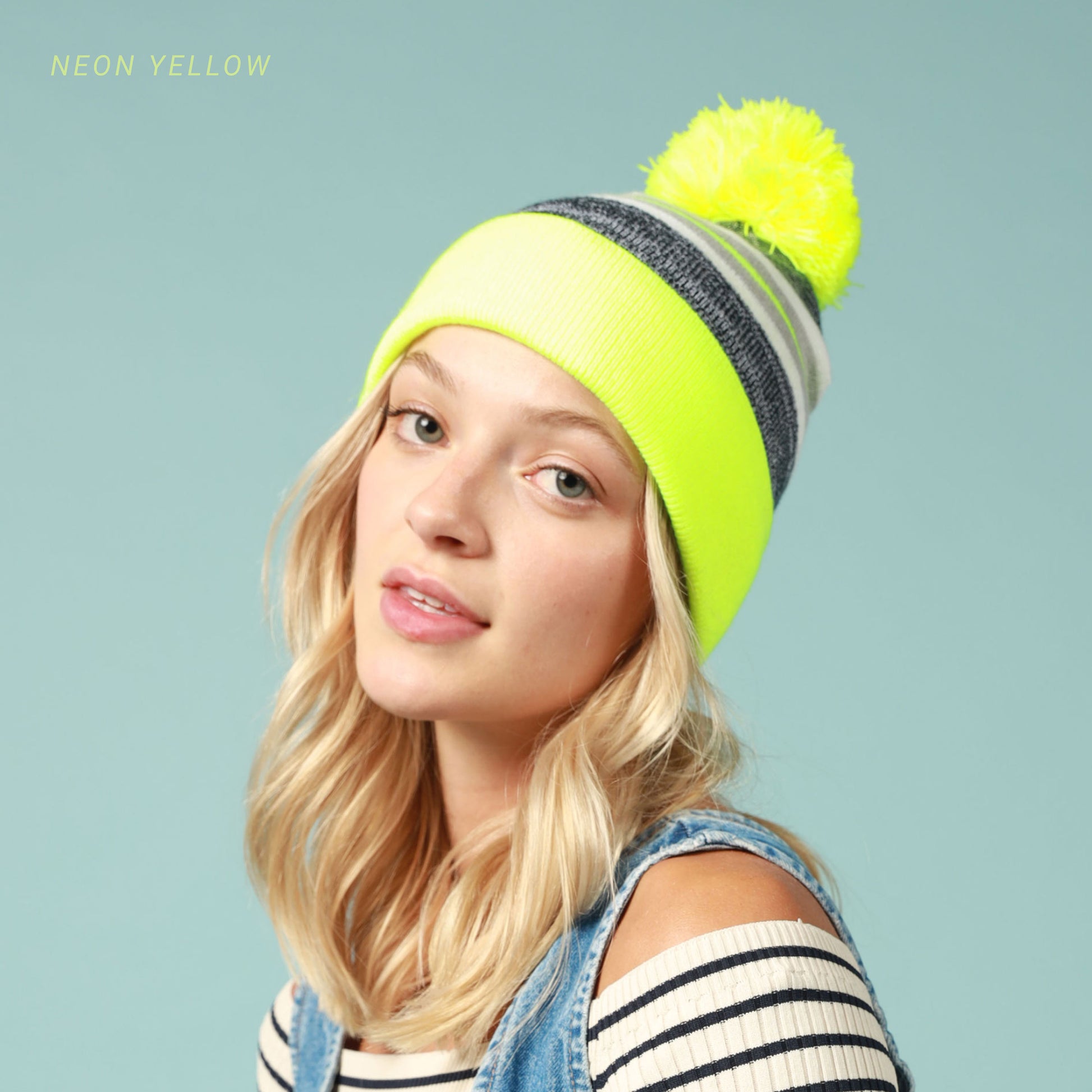 ProvModa Stripe Sport Pom Beanie, a striped knit beanie with a pom top